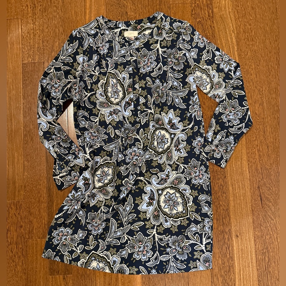 LOFT Floral Button-Up Dress - Black, White, Green